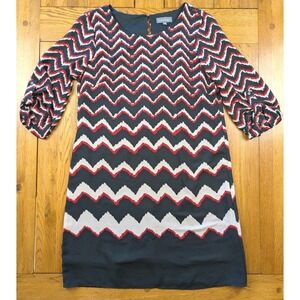 Luxology Black Red White Chevron Print 3/4 Sleeve Keyhole Back Shift Dress Sz 10